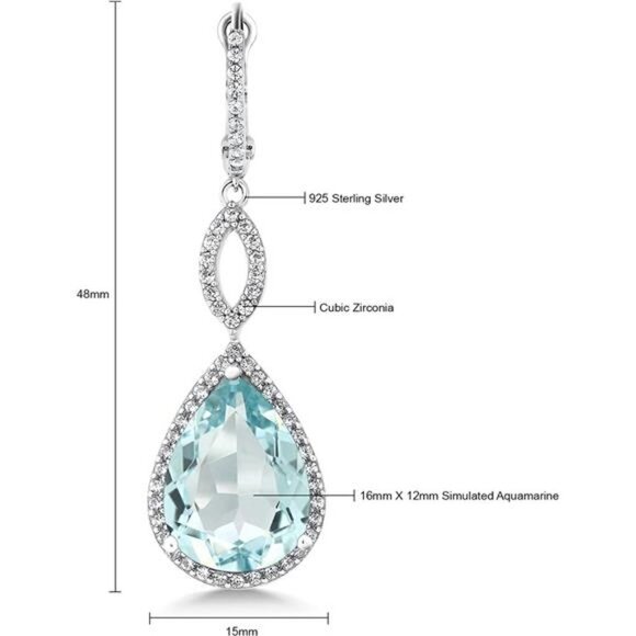 20.0 Ct Tw Sterling Silver 925 Aquamarine Bridal Chandelier Teardrop Earrings - Picture 3 of 3